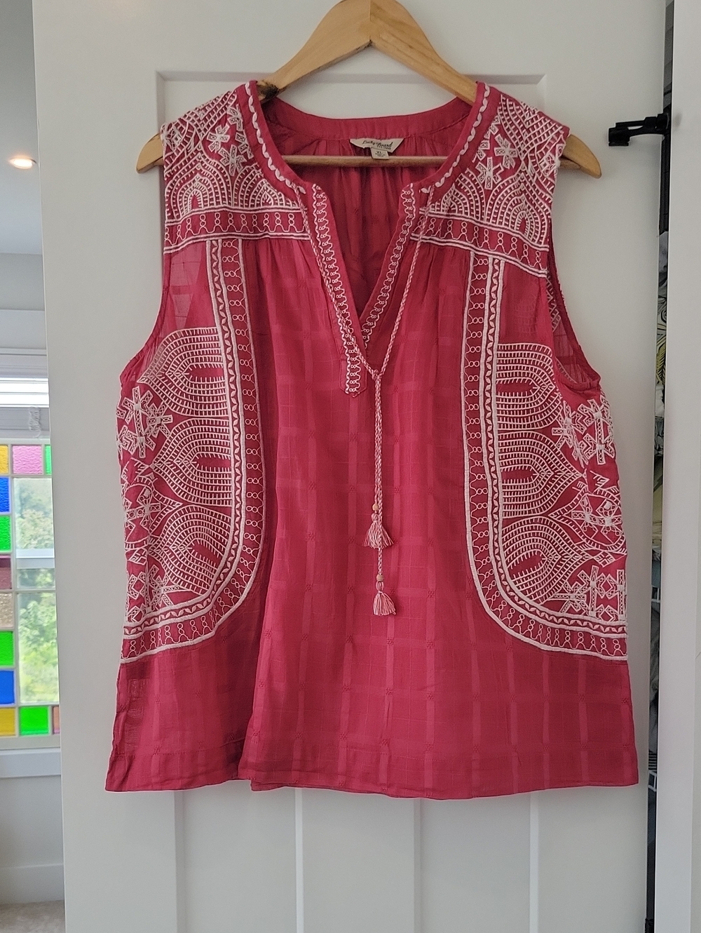 Lucky Brand Raspberry Pink Embroidered Sleeveless Top